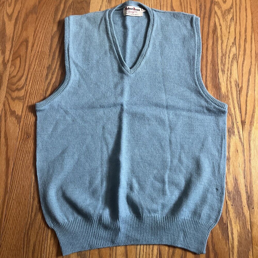 Vtg Robert Bruce Finegora Light Blue V-Neck Sweater Vest Size Med Virgin Wool